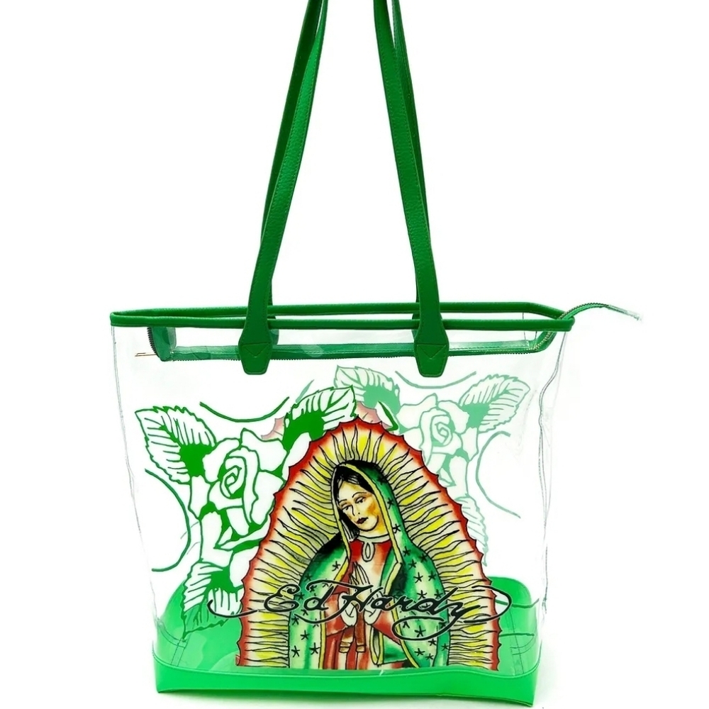 Ed Hardy Mother Mary Grapgic Green/clear NWT/NIP Tote!